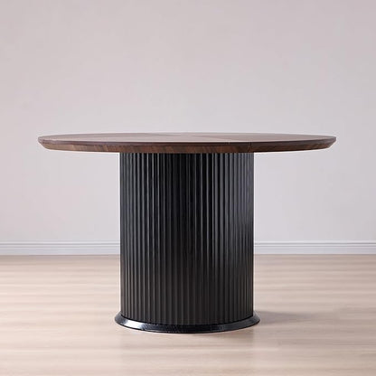 T4TREAM 47" Fluted Round Dining Table for 4-6, Mid-Century Modern Kitchen Table with Thickened Edge & Cylindrical Base for Dining Room, Kitchen, Living Room,Walnut & Black(Table Only)