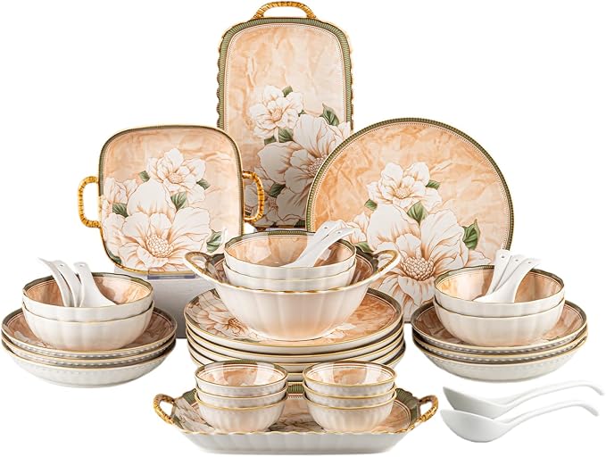 Ceramic Dinnerware Set, Floral Plates and Bowls Sets, Microwave & Dishwasher by FANGJING