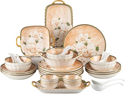 Ceramic Dinnerware Set, Floral Plates and Bowls Sets, Microwave & Dishwasher by FANGJING