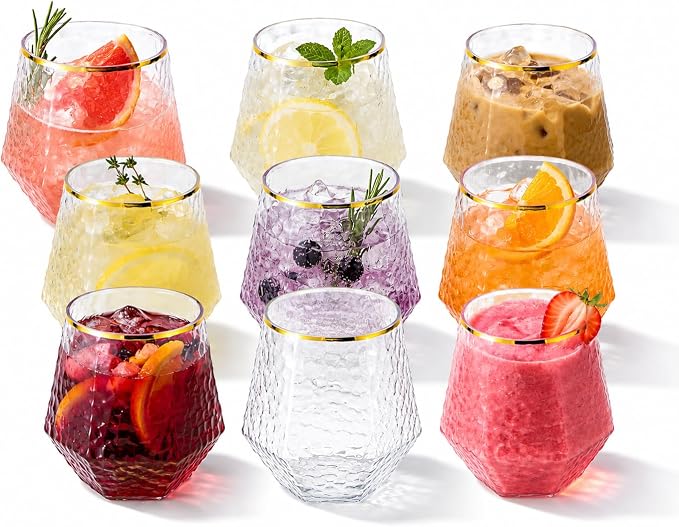 40 Pack Disposable Plastic Wine Glasses 12oz Diamond Gold Rim Stemless | by Oojami