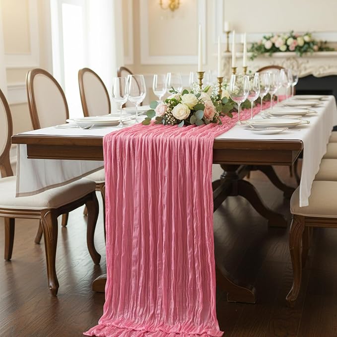 8 Pack Rose Pink Cheesecloth Table Runner 120 Inch Boho Wedding Decor | - Image 7