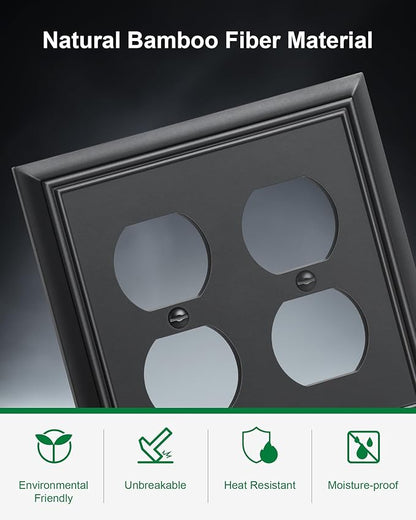 2-Pack Double Duplex Outlet Cover, Matte Black Decorative Switch Plates and Outlet Covers for Electrical Outlets, Durable Natural Bamboo Fiber Wall Plates, 2 Gang Receptacle Cover
