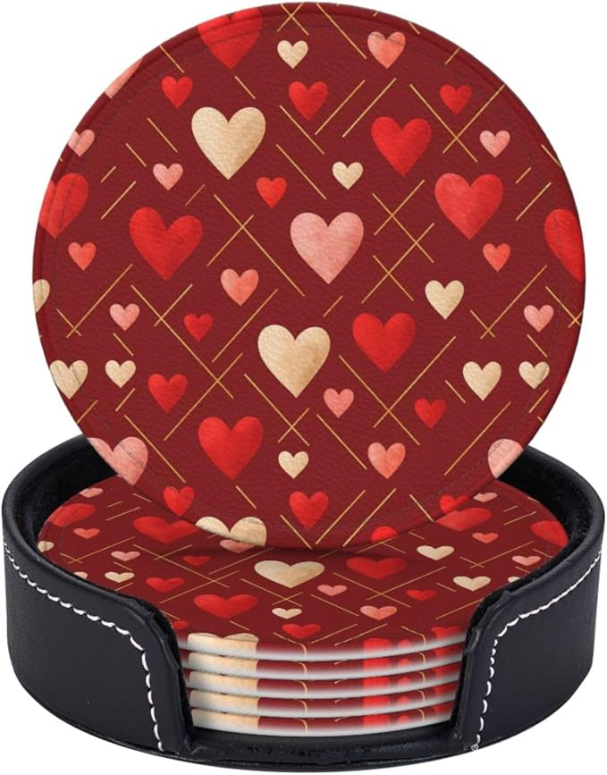 Romantic Gold Line Red Pink Heart Coasters by KiuLoam