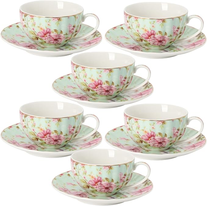 BTaT- Floral Tea Cups and Saucers, 7 oz, Fine Porcelain Teacup Set by BrewToATea