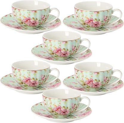 BTaT- Floral Tea Cups and Saucers, 7 oz, Fine Porcelain Teacup Set by BrewToATea