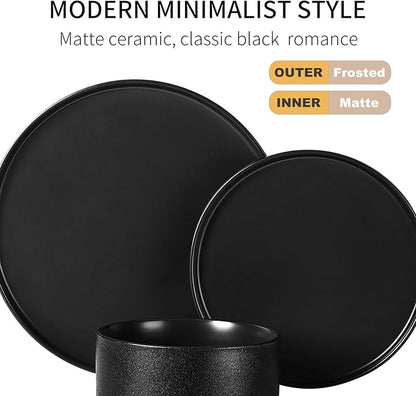GZG Classic Series - Plates and Bowls Set for 2, 6 Piece Stoneware Dinnerware Sets, Microwave and Dishwasher Safe Lead-Free Handcrafted Ceramic Dishes Set - Frosted Matte Black