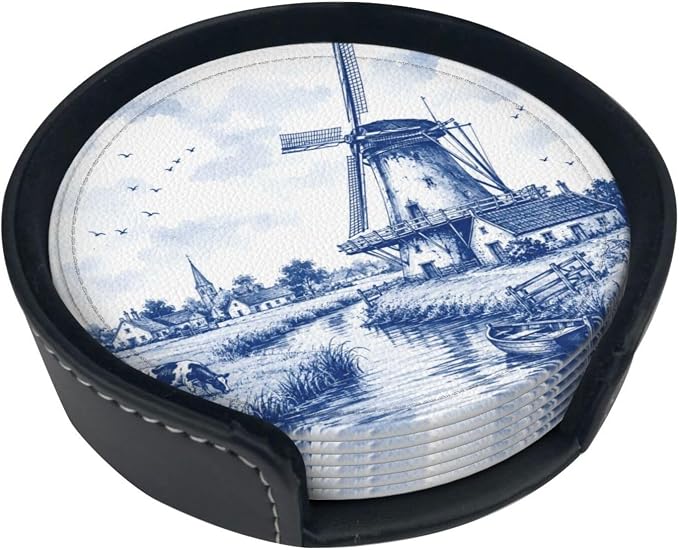 Delft Blue Dutch Windmill Countryside Leather Coasters | 6 Pack Pu Leather by Unknown