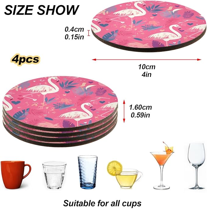 Pink and White Color Flamingo Illustration Round Drink Coaster Set of 4 Heat - Image 4