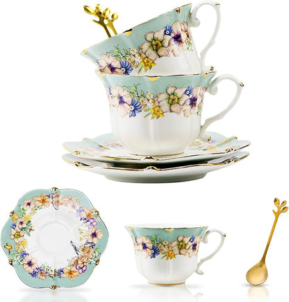 TATSUMI Country Roses Bone China Tea Cup and Saucer Set, 6 Pieces, Vintage Style by TATSUMI