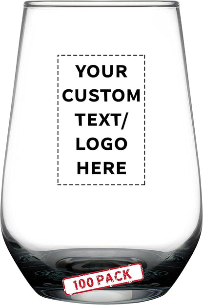 DISCOUNT PROMOS 100 Vaso Silicia Stemless Wine Glasses Set, 16 oz. - Personalized Text, Logo - Clear, Orb-Like, Thick base - Black