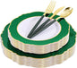 WDF 30Guest Christmas Plates Disposable - Gold Plastic Silverware With Green Handle - Baroque Green &Gold Plastic Dinnerware for Wedding Birthday Party St. Patrick’s Day