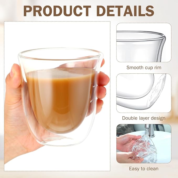 Sieral 8 Pack 8 oz Double Walled Coffee Mugs Glass Espresso Cups without Handle - Image 6