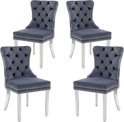 KCC Velvet Dining Chairs Set of 4, Upholstered High-end Tufted Dining Room Chair with Nailhead Back Ring Pull Trim Stainless Steel Legs, Contemporary Nikki Collection Modern Style for Kitchen, Gray