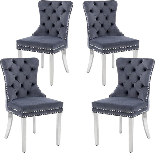 KCC Velvet Dining Chairs Set of 4, Upholstered High-end Tufted Dining Room Chair with Nailhead Back Ring Pull Trim Stainless Steel Legs, Contemporary Nikki Collection Modern Style for Kitchen, Gray
