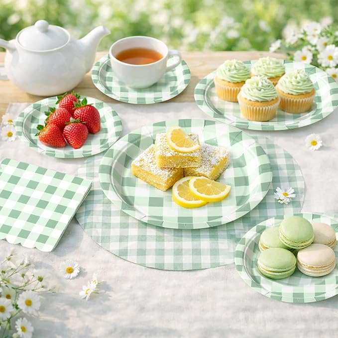 150PCS Sage Green Gingham Paper Plates and Napkins Serve 50 Guest Party | Green - Image 3