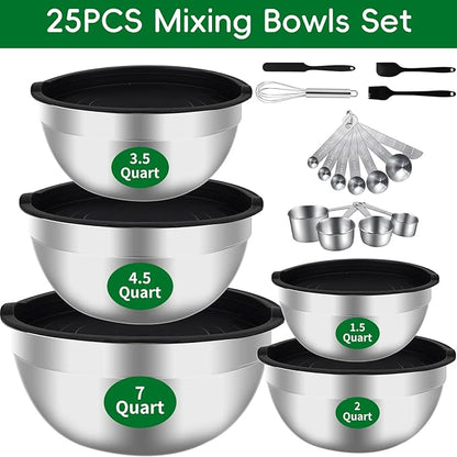 Mixing Bowls Set, 25PCS Stainless Steel Mixing Bowl with Lid Set, Large Nesting Bowls 7, 4.5, 3,2, 1.5QT, Measuring Cups and Spoons Baking Utensils Metal Bowl for Kitchen Prep