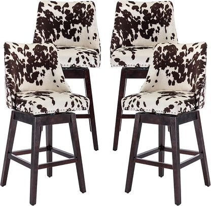 Counter Height Bar Stools Set of 4 Swivel Velvet Kitchen Stool Chairs with Back Mid Century Modern Barstool with Distressed Wood Legs for Dining Bar, Cow