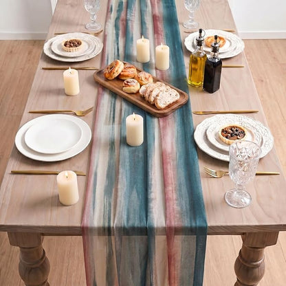 Artoid Mode Boho Blue Red Stripes 4th of July Chiffon Table Runner 120 Inches - Image 3