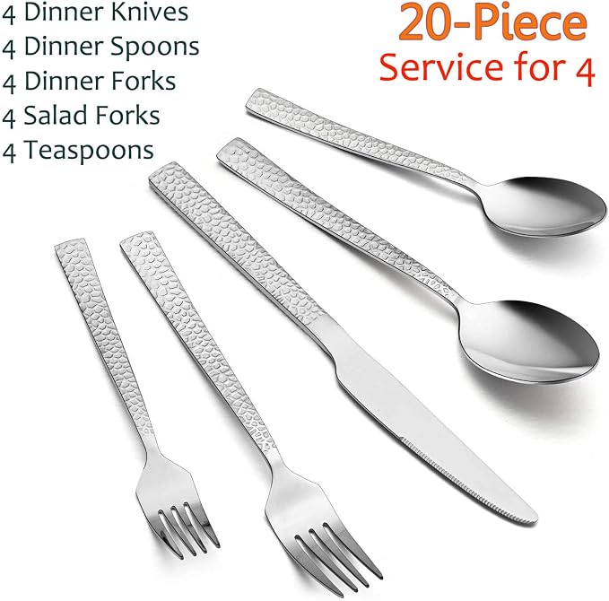 E-far 20-Piece Hammered Silverware Set, Stainless Steel Square Flatware Set - Image 2