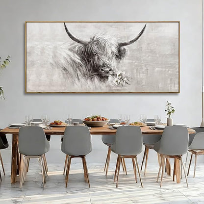 Framed Extra Large Gray Gold and White Cow Canvas Wall Art with Flower Modern Farmhouse Animal Poster for Living Room Bedroom Office Wall Decor 40x88 Inch