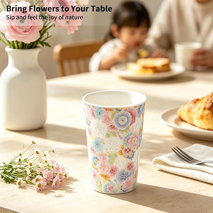 13.5 oz Floral Ceramic Tea Cup without Handle, Translucent Rice Grain Porcelain - Image 7