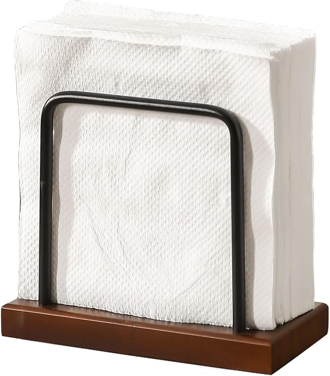 Napkin Holder with Wooden Base and Black Metal Frame, Modern Style by Leijosya