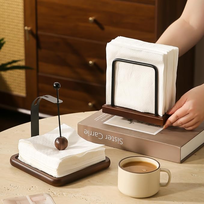 Napkin Holder with Wooden Base and Black Metal Frame, Modern Style - Image 7