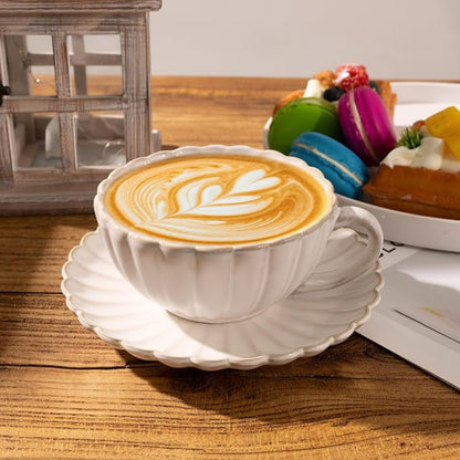 Ceramic Latte Cup with Saucer, 12 OZ Cappuccino Cup Vintage Cafe Art Cups - Image 4