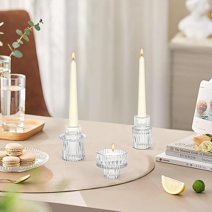 Taper Votive Candle Holder for Pillar Candles Tealight, Candlestick Holder for Wedding Christmas Tea Party, Boho Ribbed Vintage Crystal Glass Table Centerpiece Decor, Bulk Set of 6 (Clear)