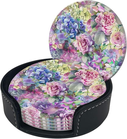 Watercolor Rose Flowers Leather Coasters Set of 6 - Image 6