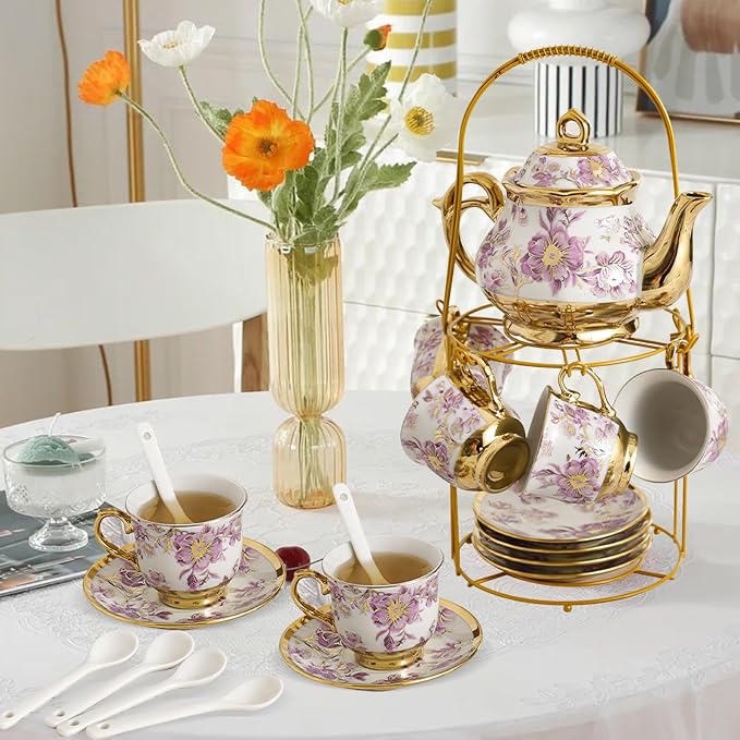 20 Pcs Porcelain Tea Set With Metal Holder, - Image 7