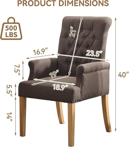 Fabric Dining Chair with Arms, Upholstered Tufted High Back Dining Room Chairs, Accent Armchair with Solid Wood Leg and Nailhead Trim, Kitchen Dining Living Room, Brown