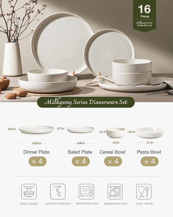 Famiware Milkyway 16-Piece Stoneware Plates and Bowls, Matte Beige White | - Image 2