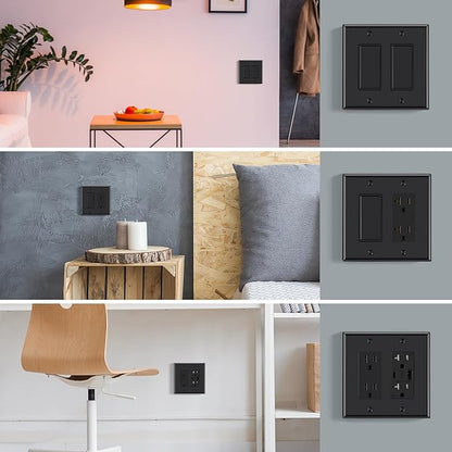 AIDA 2-Gang Decorative Wall Plates, 4.88" H x 4.94" L - Unbreakable Thermoplastic Faceplate Cover for Outlets and Switches, UL Listed - (4 Pack, Glossy Black)