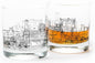 Black Lantern Whiskey Glass Set – 11oz Old Fashioned Tumblers for Bourbon, Scotch & Cocktails, Heavy Base Rocks Glasses Featuring Detailed Locomotive Blueprint Design, Great Gift for Men & Engineers