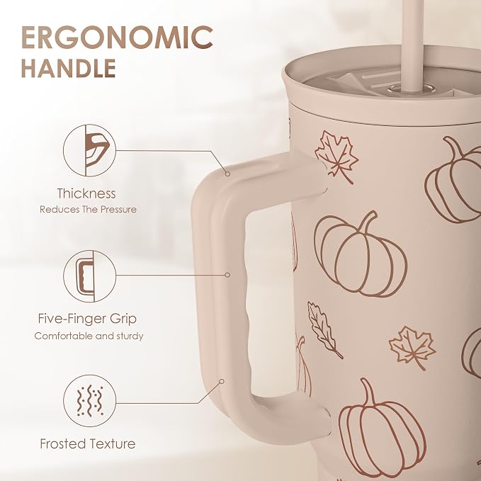 SANDJEST Pumpkin Tumbler with Handle and Straw 40oz – Stainless Sleel Slider - Image 3