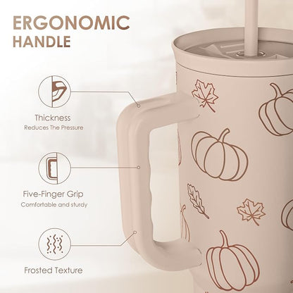 SANDJEST Pumpkin Tumbler with Handle and Straw 40oz – Stainless Sleel Slider - Image 3