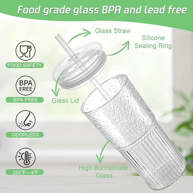 Luiaiog Glass Cups with Lids and Glass Straws, High Borosilicate 20OZ Tumblers - Image 3