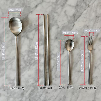 Korean Made Stainless Steel Silver Utensil Flatware Cutlery Korean Chopsticks and Spoon Set Tea Spoon and Tea Fork Set, 4SET Stocking Stuffer Gift for Mom Stocking Stuffer