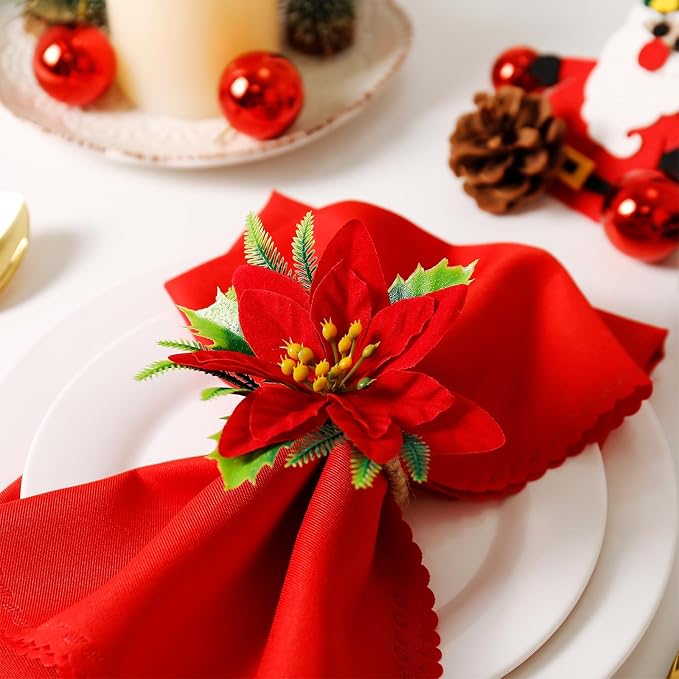 wonlex Flower Napkin Rings Set of 12, Farmhouse Red Green Napkin Rings Holder - Image 5