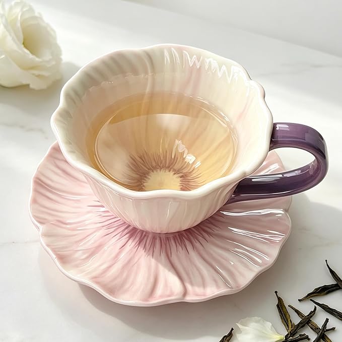 10 oz Tea Cups and Saucers, Flower-Shaped Ceramic Latte Art Cappuccino Cup and by Unknown