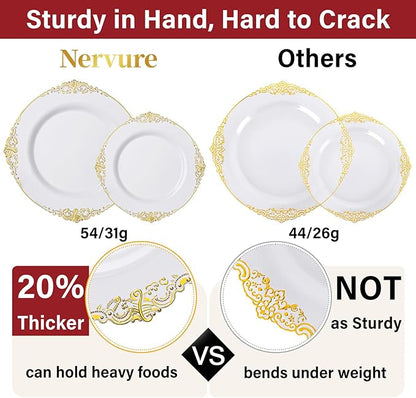 Nervure 700PCS Gold Plastic Plates - Gold Plastic Dinnerware Sets for 100 Guests - 200 Disposable Plates, 300 Silverware, 100 Cups, 100 Napkins for Wedding & Party