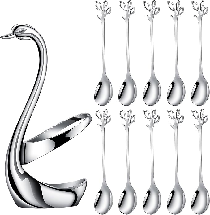 AnSaw Silver Swan Base With 10-Pcs Mini Leaf Coffee Spoon Holder Set-4.7" | by AnSaw