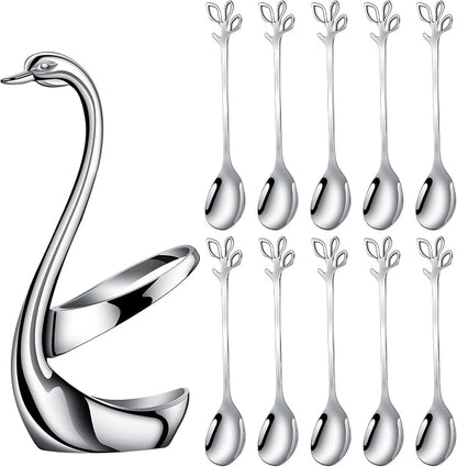 AnSaw Silver Swan Base With 10-Pcs Mini Leaf Coffee Spoon Holder Set-4.7" | by AnSaw