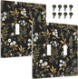 Decorative Light Switch Cover Black/Gold Boho Botanical Floral Rustic Flowers 2 Gang Wall Plate Double Toggle Switch Plate Receptacle Electrical Outlet Cover Switchplate for Bathroom Kitchen（2 Pack）