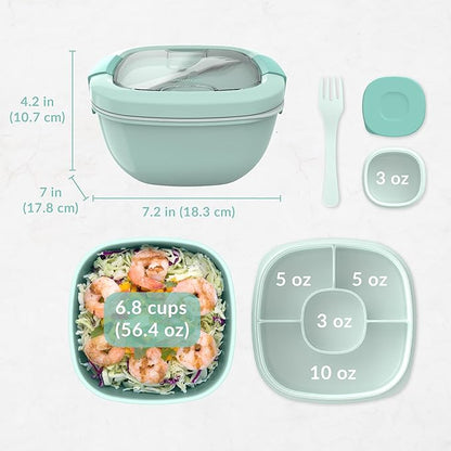 Bentgo Salad Container - 54 oz Bowl with 4-Compartment Toppings Tray, Leak-Proof Dressing Container, Reusable Fork, BPA-Free Lunch Box for Meal Prep & Food Storage; Removable Bento Tray (Coastal Aqua)
