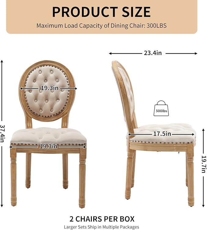 Vintage French Dining Chairs Set of 2, Round Back Velvet Upholstered Accent Chairs with Nailhead Trim and Solid Wood Frame, Elegant Sillas de Comedor for Dining Room & Kitchen, Beige