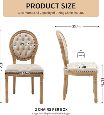Vintage French Dining Chairs Set of 2, Round Back Velvet Upholstered Accent Chairs with Nailhead Trim and Solid Wood Frame, Elegant Sillas de Comedor for Dining Room & Kitchen, Beige