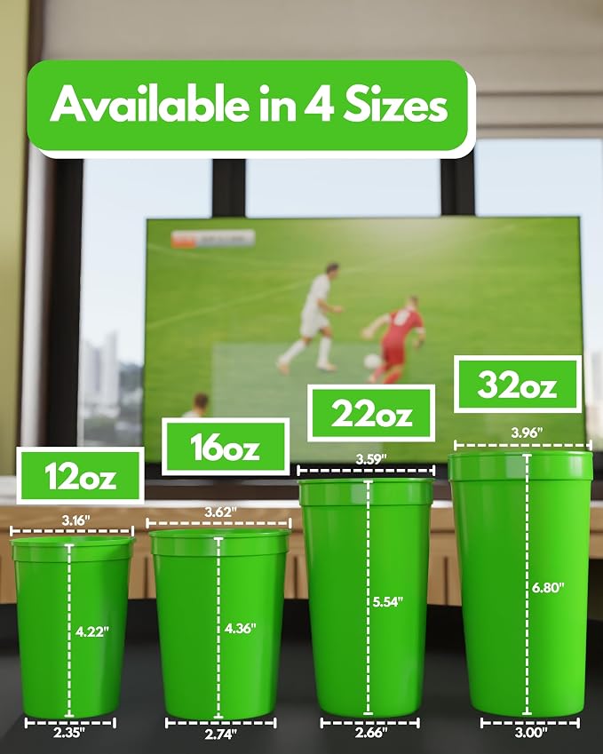 PartyPrints 100 Pack 16 oz Lime Green Reusable Blank Plastic Cups, Stadium Cups - Image 4