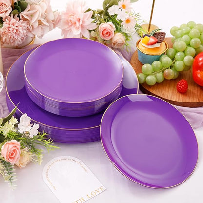 PULOTE 100PCS Purple Plastic Plates - Purple and Gold Disposable Include 50 Each (10.25 Inch Dinner & 7.5 Inch Dessert) Plates, Ideal for Party